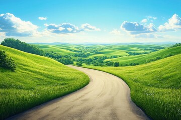 Fototapeta premium Winding Dirt Road Through Lush Green Hills and Valleys Under a Bright Blue Sky