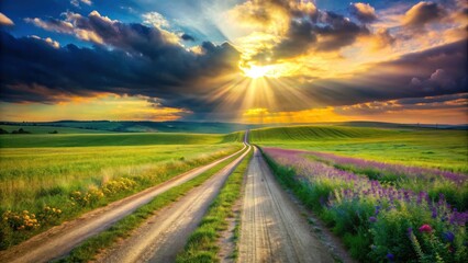 Fototapeta premium Serene Sunset Landscape Country Road Through Blooming Wildflowers and Rolling Green Fields Under a Dramatic Sky