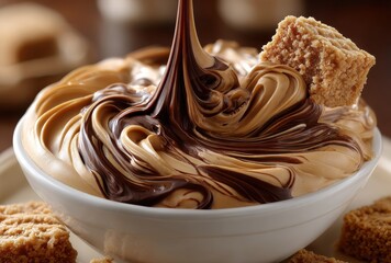 Creamy dessert swirl with chocolate and caramel, topped with crunchy biscuit pieces in a rustic kitchen setting for sweet treat lovers