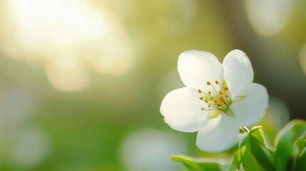 Obraz premium A single, delicate white blossom bathed in warm sunlight, showcasing its intricate details and vibrant yellow stamen against a soft green bokeh background. : Generative AI