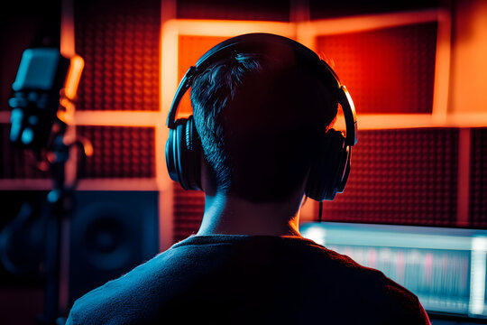 Young Man in Headphones Working in Modern Music Studio Environment