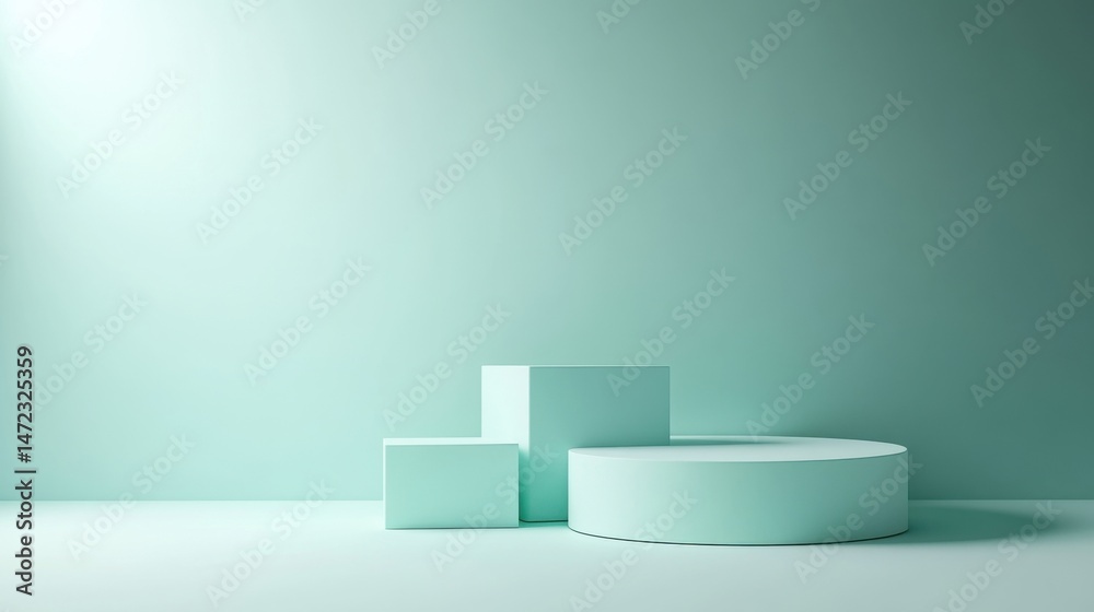 Poster Pastel green minimalist product display with three geometric shapes: a cube, a smaller cube, and a cylinder, set against a soft green backdrop. : Generative AI