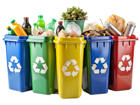  Collection of recycling bins with different types of waste on white background, PNG