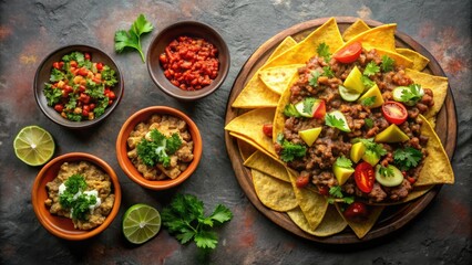 Savory Ground Meat Nachos with Fresh Tomato, Cucumber, and Cilantro Garnishes Served with Assorted Dips