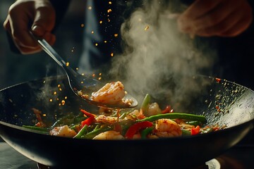 Asian stir fry shows shrimp and vegetables being cooked in a steaming wok