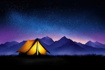 Camping starry sky with mountain silhouette
