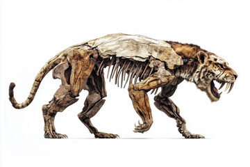 Detailed Saber Toothed Cat Fossil Reconstruction Against Plain Background