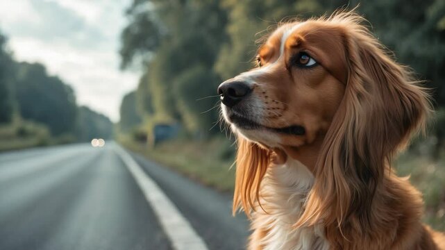Pet lovers wall papers featuring a beautiful brown long-haired dog, dog on the road.