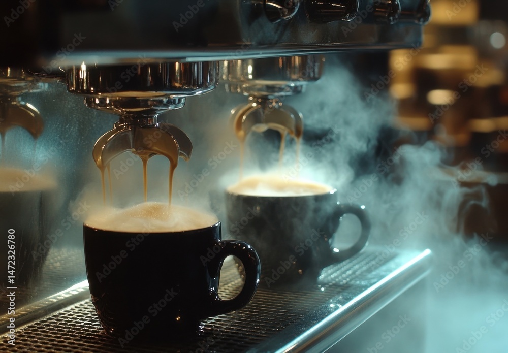 Poster espresso machine pouring steaming coffee into dark ceramic cups, creating a misty atmosphere in a ca