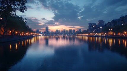 Fototapeta premium Cherry blossoms and skyline during twilight hour high resolution picture