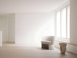 Fototapeta premium Sophisticated minimal interior with a modern white chair and sculptural table