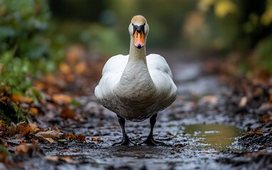 Fototapeta premium Mute Swan in a muddy path, autumnal colors.
