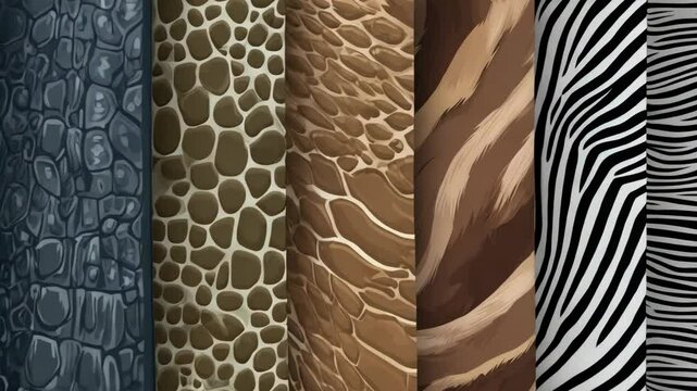 Assorted animalistic patterns featuring zebra, tiger, crocodile, giraffe, leopard, and reptile skin textures in vector format