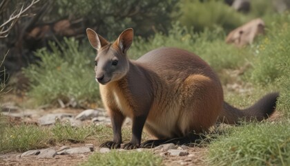 Fototapeta premium Rock wallaby grazing amongst sparse vegetation, animal, queensland, ecosystem