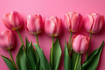 Fototapeta premium Six pink tulips arranged in a row against a vibrant pink background, showcasing their delicate petals and lush green leaves. : Generative AI
