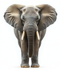 Fototapeta premium A majestic African elephant, viewed from the front, stands majestically against a stark white background. Its large ears, wrinkled skin, and ivory tusks are clearly visible, showcasing : Generative AI