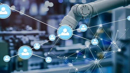 Robotic arm in an industrial setting, overlaid with a digital network connecting human profile icons, symbolizing automation - Powered by Adobe