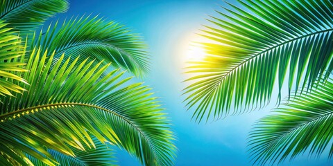 Naklejka premium Lush green palm fronds against a vibrant blue sky, bathed in the warm glow of sunlight.