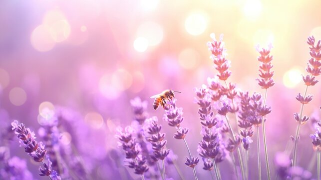 Delicate lavender flowers blooming, vibrant purple hues with soft bokeh background, perfect for wellness or nature themes.