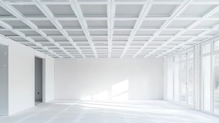 Obraz premium An empty room with grid ceiling, white walls, large glass doors, sunlight, and light-gray floors.