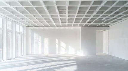 Obraz premium An empty room with grid ceiling, white walls, large glass doors, sunlight, and light-gray floors.