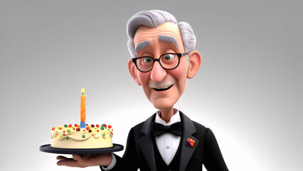 A man in a tuxedo holds a birthday cake with a candle