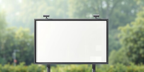 Fototapeta premium Blank billboard stands ready against a blurred background of trees and natural light