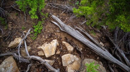 A weathered gray log rests amongst rocks and green juniper bushes on a dry, brown earth trail, showcasing the natural texture of wood and stone. : Generative AI