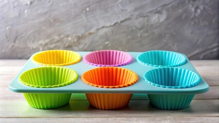 Colorful Silicone Muffin Baking Cups in a Teal Tray Ready for Baking