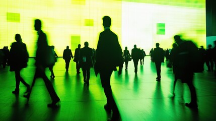 Silhouetted figures walking in an urban environment with green background lighting