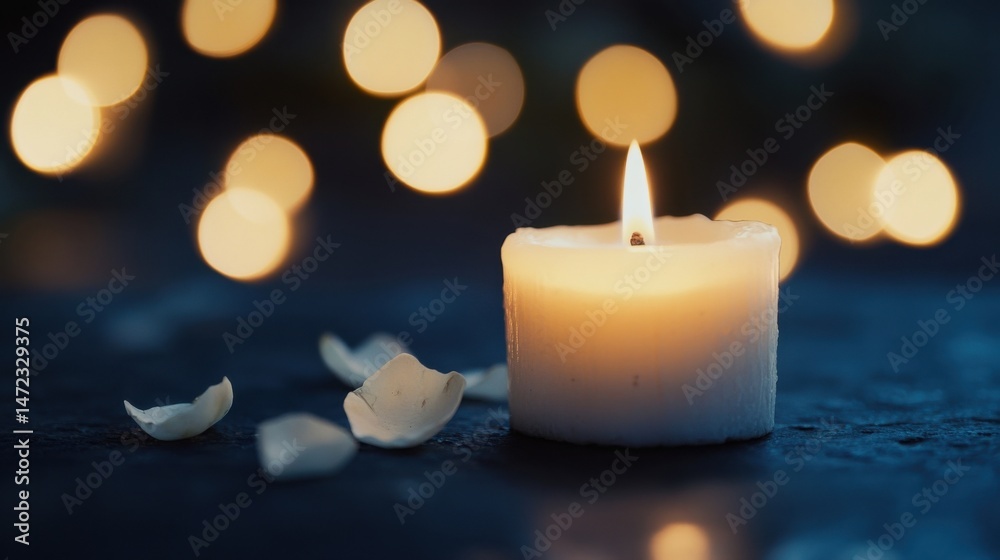 Leinwandbilder A single lit candle sits on a dark surface, surrounded by white petals and a bokeh of warm yellow lights in the background, creating a serene and peaceful atmosphere. : Generative AI