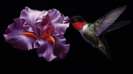 Hummingbird near vibrant purple flower, colorful bird hovering delicately, showcasing nature's beauty and pollination.
