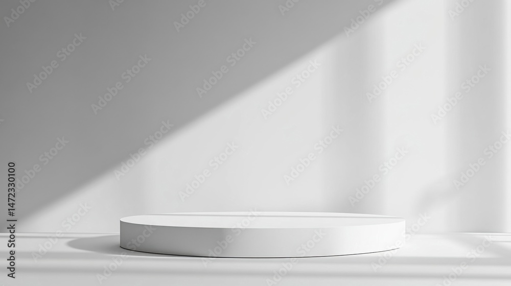 Poster minimalist white cylindrical platform bathed in soft sunlight, ideal for product display or presenta