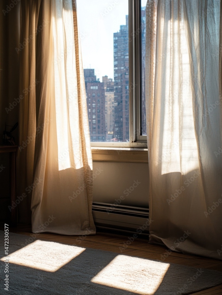 Fototapete sunlight streams through sheer curtains illuminating a room with hardwood floors and a city view out