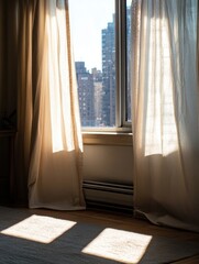 Sunlight streams through sheer curtains illuminating a room with hardwood floors and a city view outside a window. : Generative AI