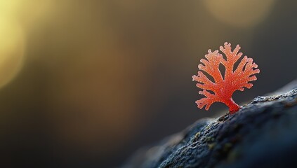 Small, vibrant coral-like organism on a dark surface. Soft lighting highlights its delicate structure