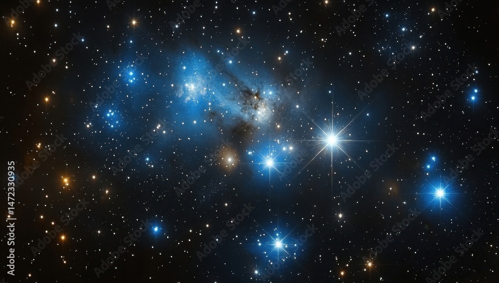 Poster a mesmerizing cosmic scene unfolds, showcasing a vibrant nebula bathed in shades of blue and gold, s