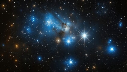 Obraz premium A mesmerizing cosmic scene unfolds, showcasing a vibrant nebula bathed in shades of blue and gold, studded with countless twinkling stars of varying brightness, creating a breathtaking : Generative AI