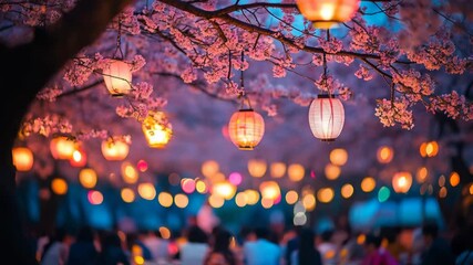 Magical night at a lantern festival with glowing lights hanging from cherry blossom trees – perfect blend of tradition and beauty. - Powered by Adobe