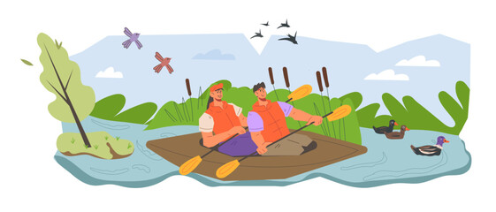 People on kayaking and rafting adventures. Outdoor tourism experience. Kayaking and rafting spots banner design, flat vector illustration isolated on white.