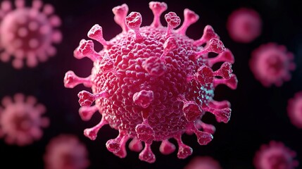 Pink spiked virus particle on a dark background.