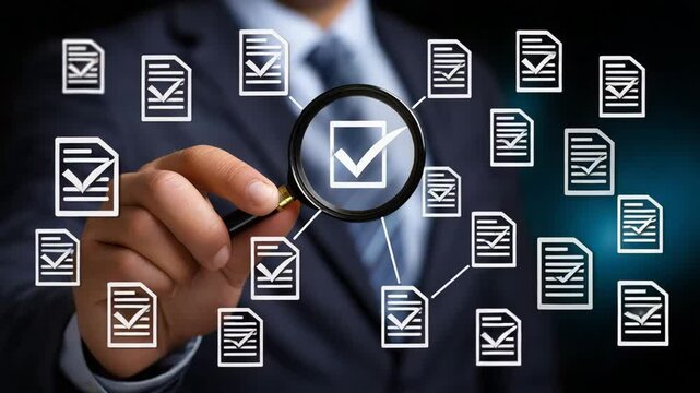 A professional examining documents with a magnifying glass for accuracy and precision.