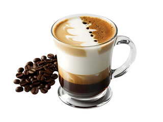 Layered Coffee Beverage with Cream and Coffee Beans on a Table