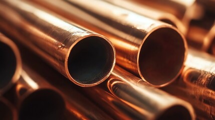 Naklejka premium Close-up of shiny copper pipes arranged in a row with metallic luster.