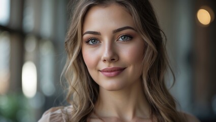 Fototapeta premium A portrait of a young woman with blue eyes and a soft smile, showcasing natural beauty in a softly lit indoor space