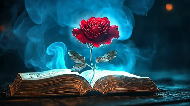 Enchanting rose blooming from an ancient book, radiating a mystical aura of knowledge