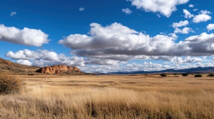 Expansive golden grassland under a vibrant blue sky, punctuated by a dramatic red rock formation and distant mountains. : Generative AI