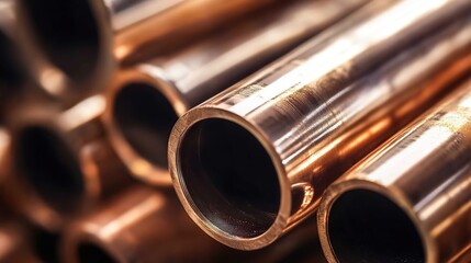 Naklejka premium Close-up of shiny copper pipes arranged in a row with metallic luster.