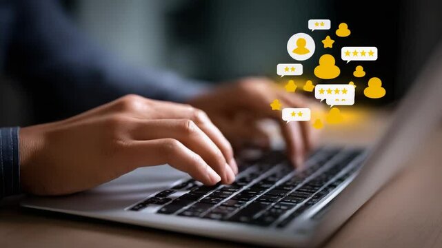 Hands typing on a laptop with social media icons representing online engagement.