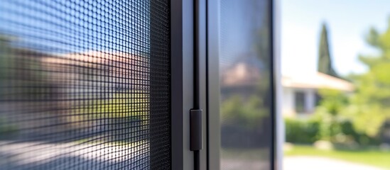 Close-up of window screen with blurred houses and greenery in sunlight.